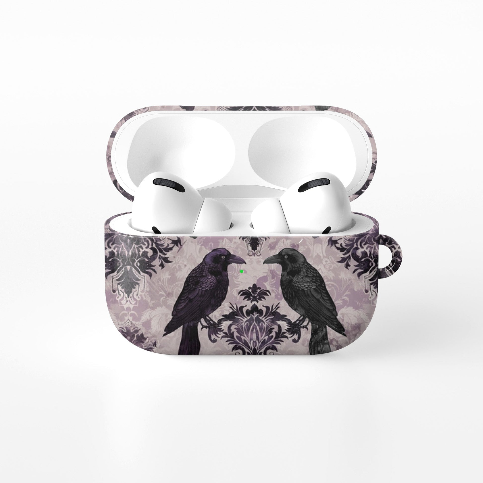 Raven’s Promise AirPods Tough Case with raven and damask artwork, glossy finish, impact-resistant single-shell design.