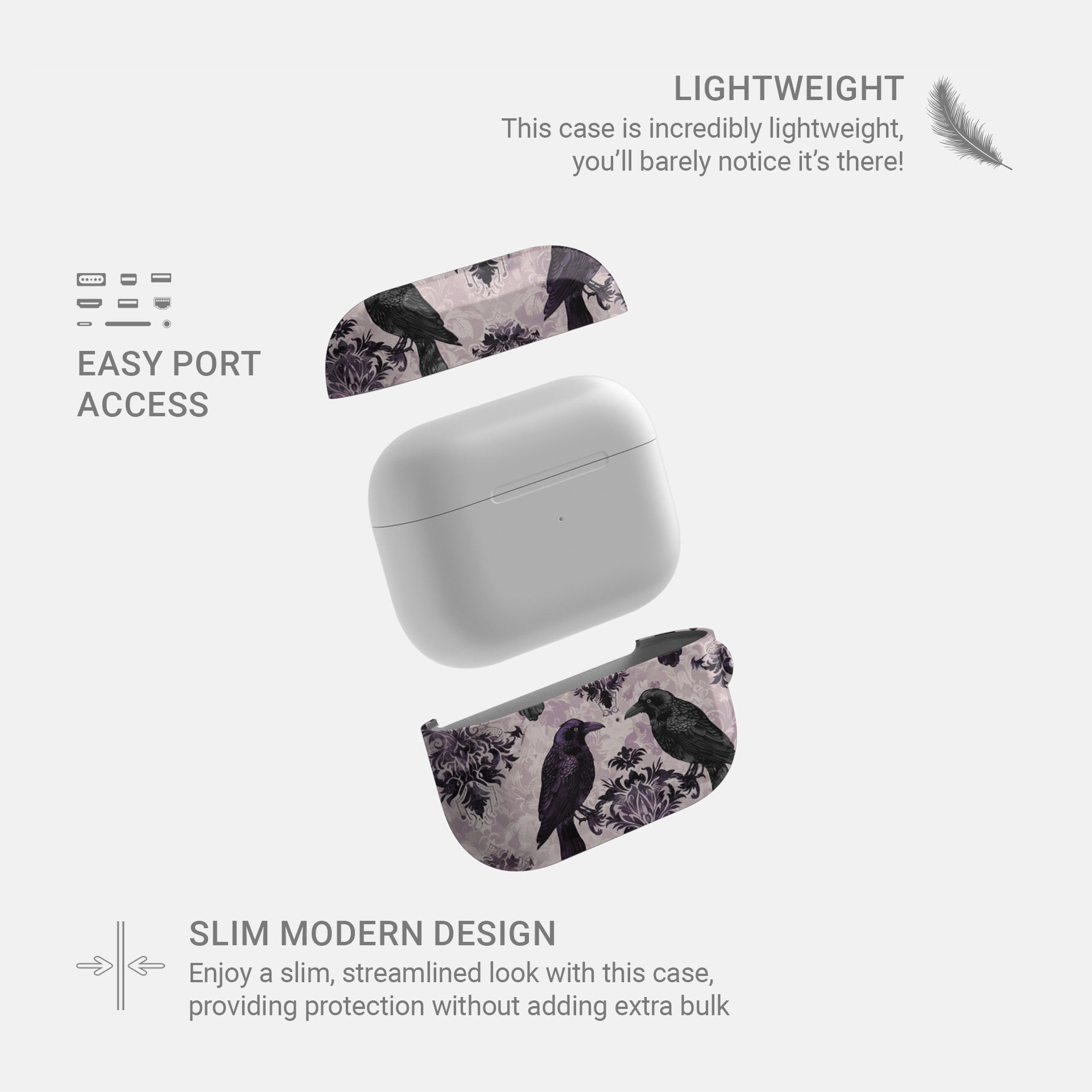 Raven’s Promise AirPods Tough Case with raven and damask artwork, glossy finish, impact-resistant single-shell design.