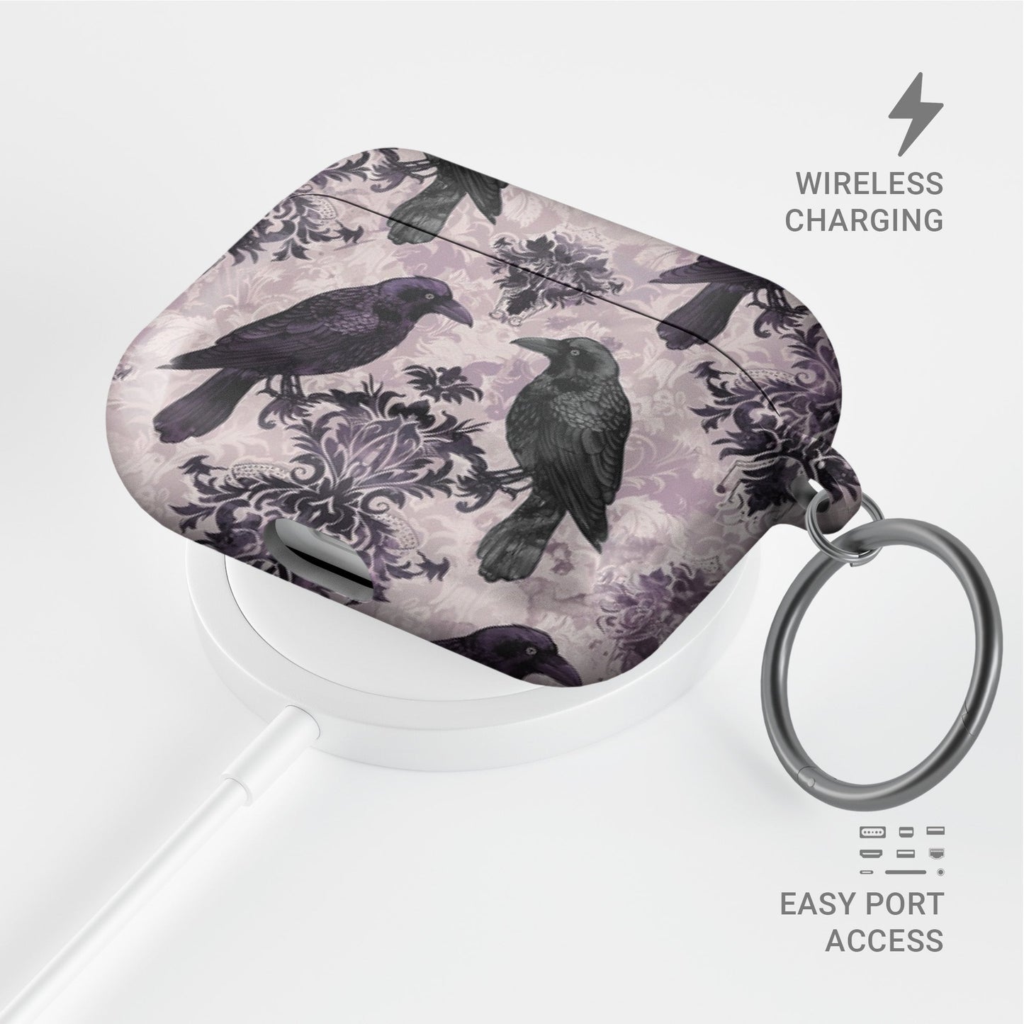 Raven’s Promise AirPods Tough Case with raven and damask artwork, glossy finish, impact-resistant single-shell design.