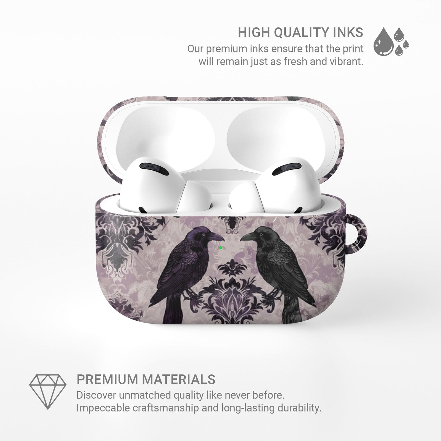 Raven’s Promise AirPods Tough Case with raven and damask artwork, glossy finish, impact-resistant single-shell design.