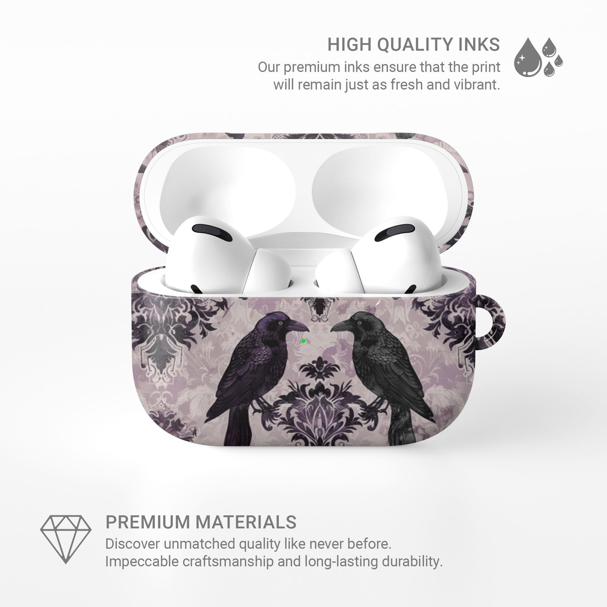 Raven’s Promise AirPods Tough Case with raven and damask artwork, glossy finish, impact-resistant single-shell design.