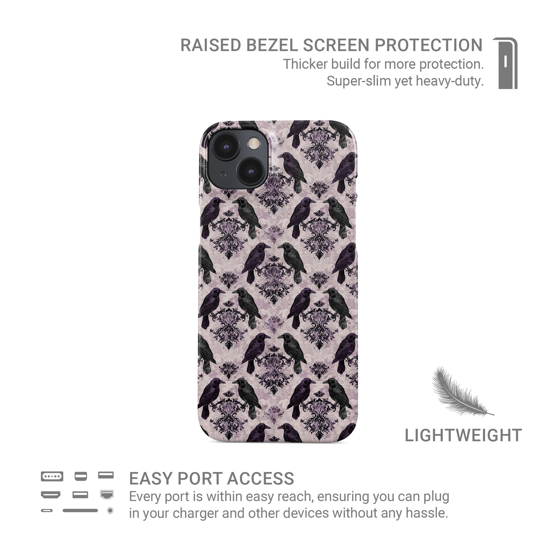 Purple and black raven damask snap phone case – slim glossy Halloween gothic design
