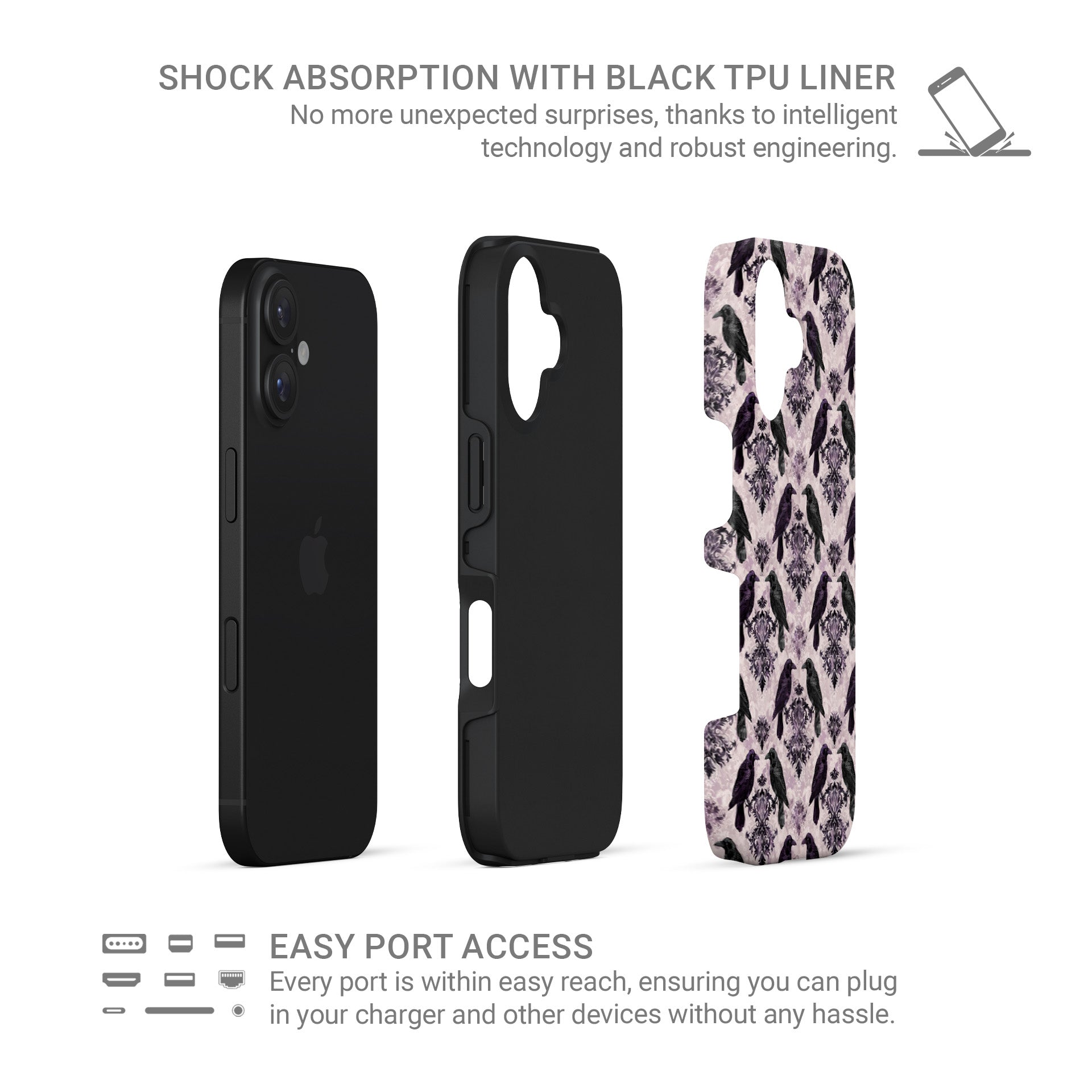 Raven’s Promise Tough Phone Case with symbolic raven design on damask background and dual-layer protection