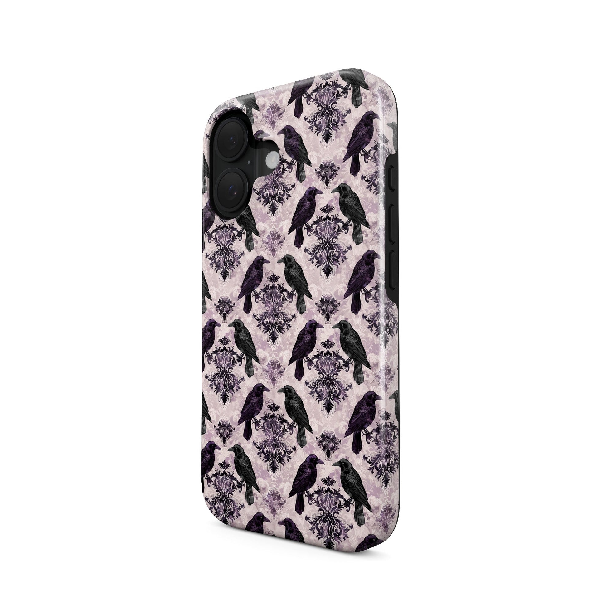 Raven’s Promise Tough Phone Case with symbolic raven design on damask background and dual-layer protection
