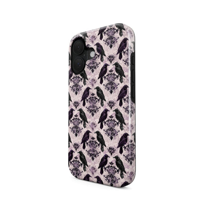 Raven’s Promise Tough Phone Case with symbolic raven design on damask background and dual-layer protection