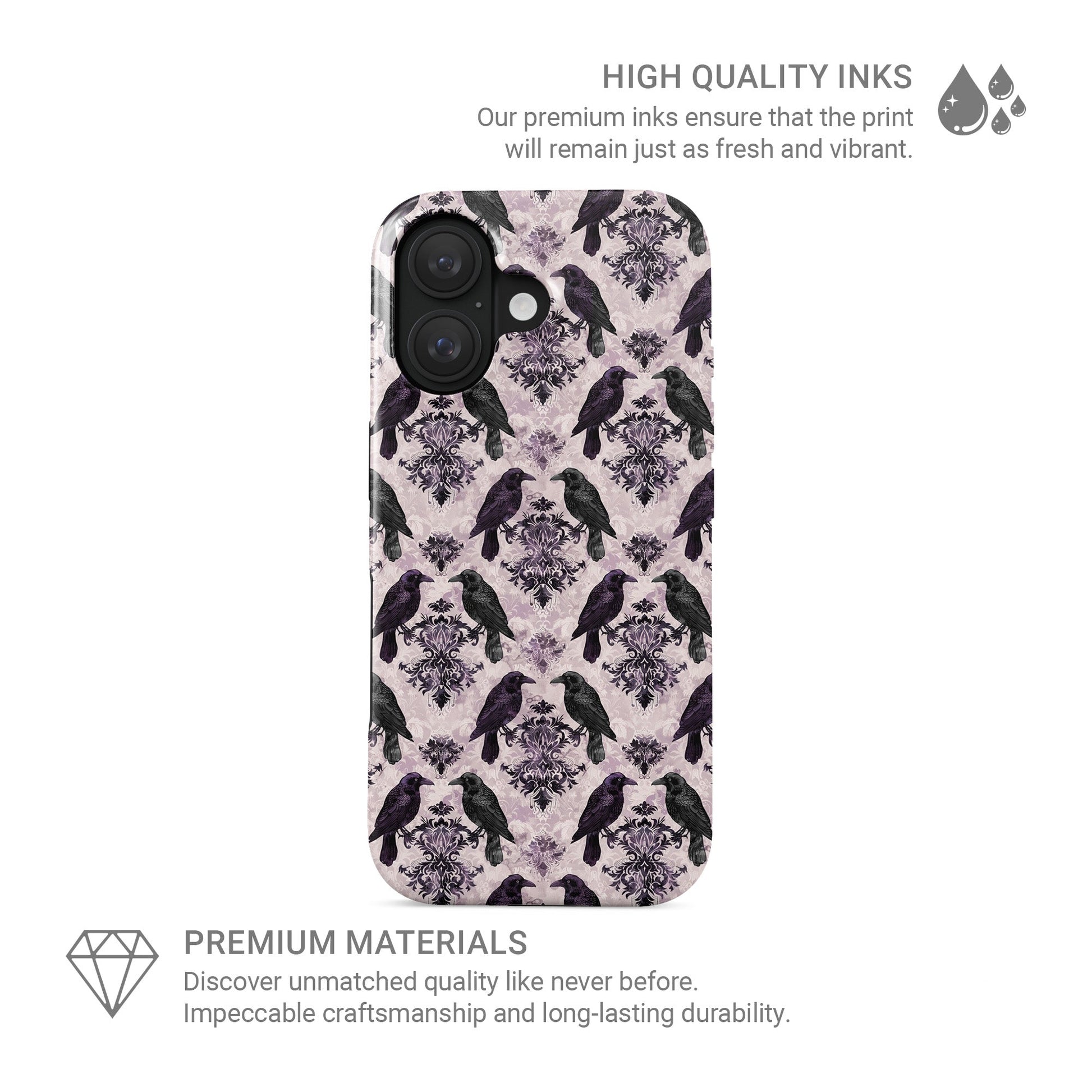 Raven’s Promise Tough Phone Case with symbolic raven design on damask background and dual-layer protection