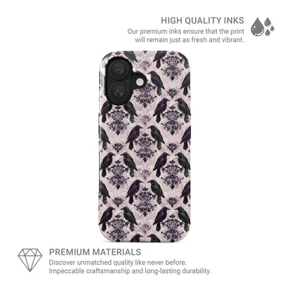 Raven’s Promise Tough Phone Case with symbolic raven design on damask background and dual-layer protection
