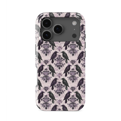 Raven’s Promise Tough Phone Case with symbolic raven design on damask background and dual-layer protection