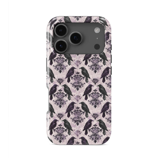 Raven’s Promise Tough Phone Case with symbolic raven design on damask background and dual-layer protection