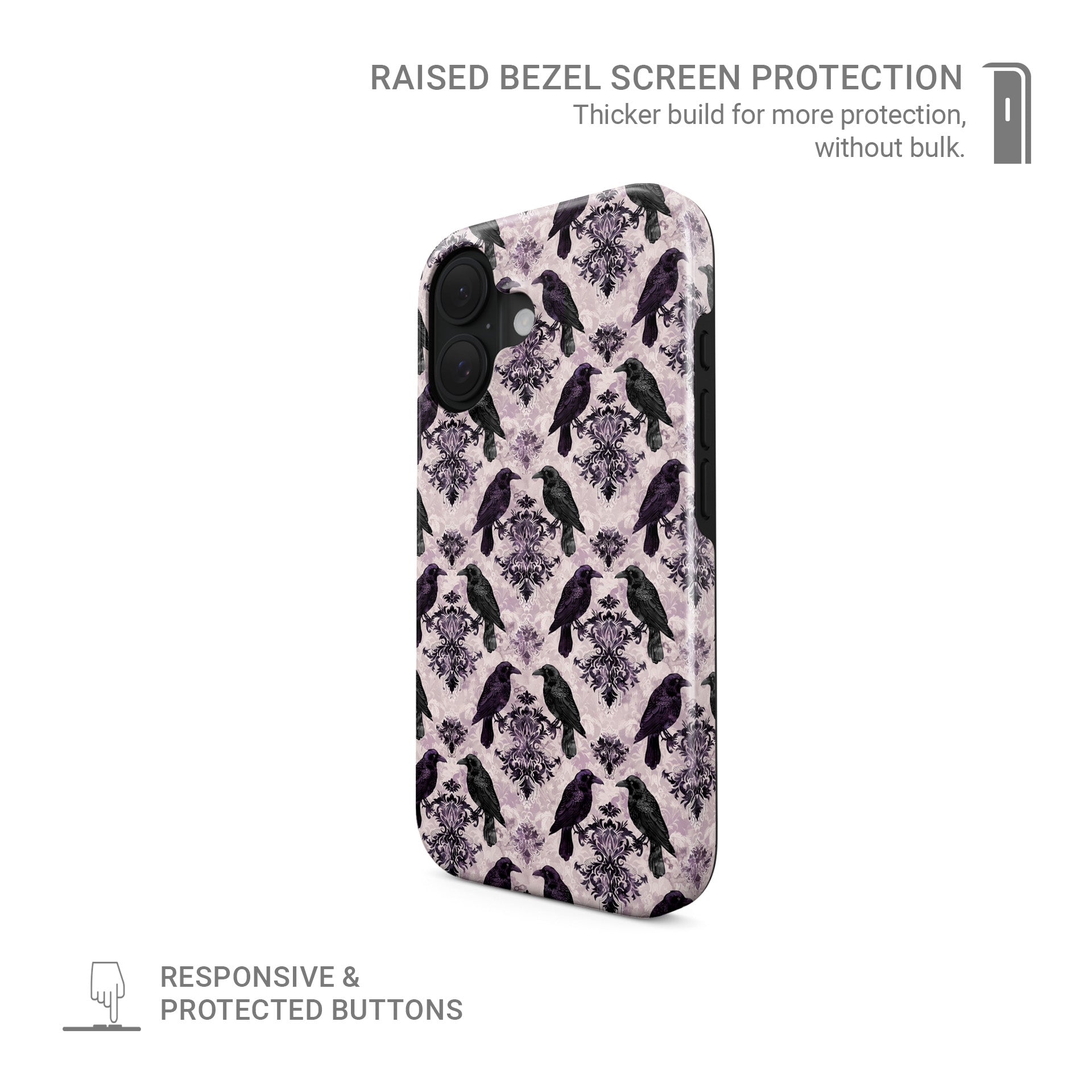 Raven’s Promise Tough Phone Case with symbolic raven design on damask background and dual-layer protection