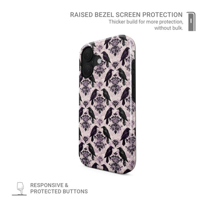Raven’s Promise Tough Phone Case with symbolic raven design on damask background and dual-layer protection