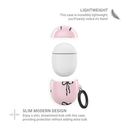 Burga Google Pixel Buds case in Ribbon Reverie design with black satin bows on a blush-pink background, slim and stylish coquette-inspired cover.