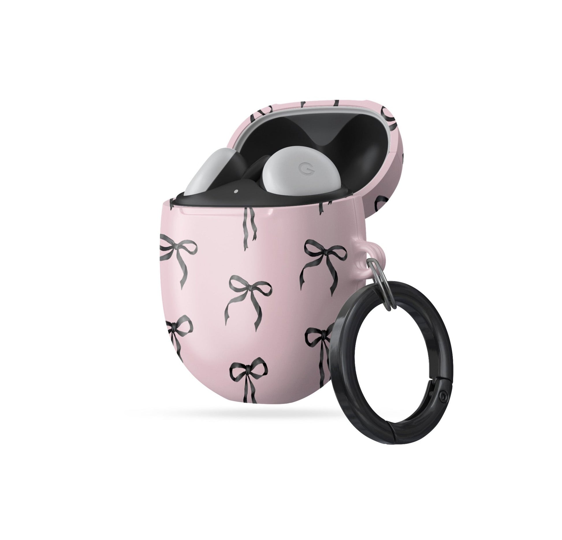 Burga Google Pixel Buds case in Ribbon Reverie design with black satin bows on a blush-pink background, slim and stylish coquette-inspired cover.
