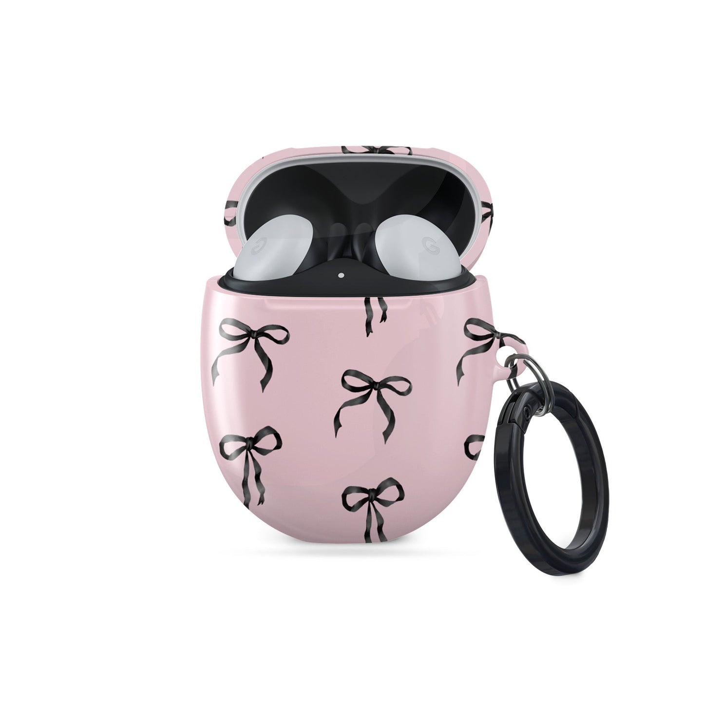 Burga Google Pixel Buds case in Ribbon Reverie design with black satin bows on a blush-pink background, slim and stylish coquette-inspired cover.