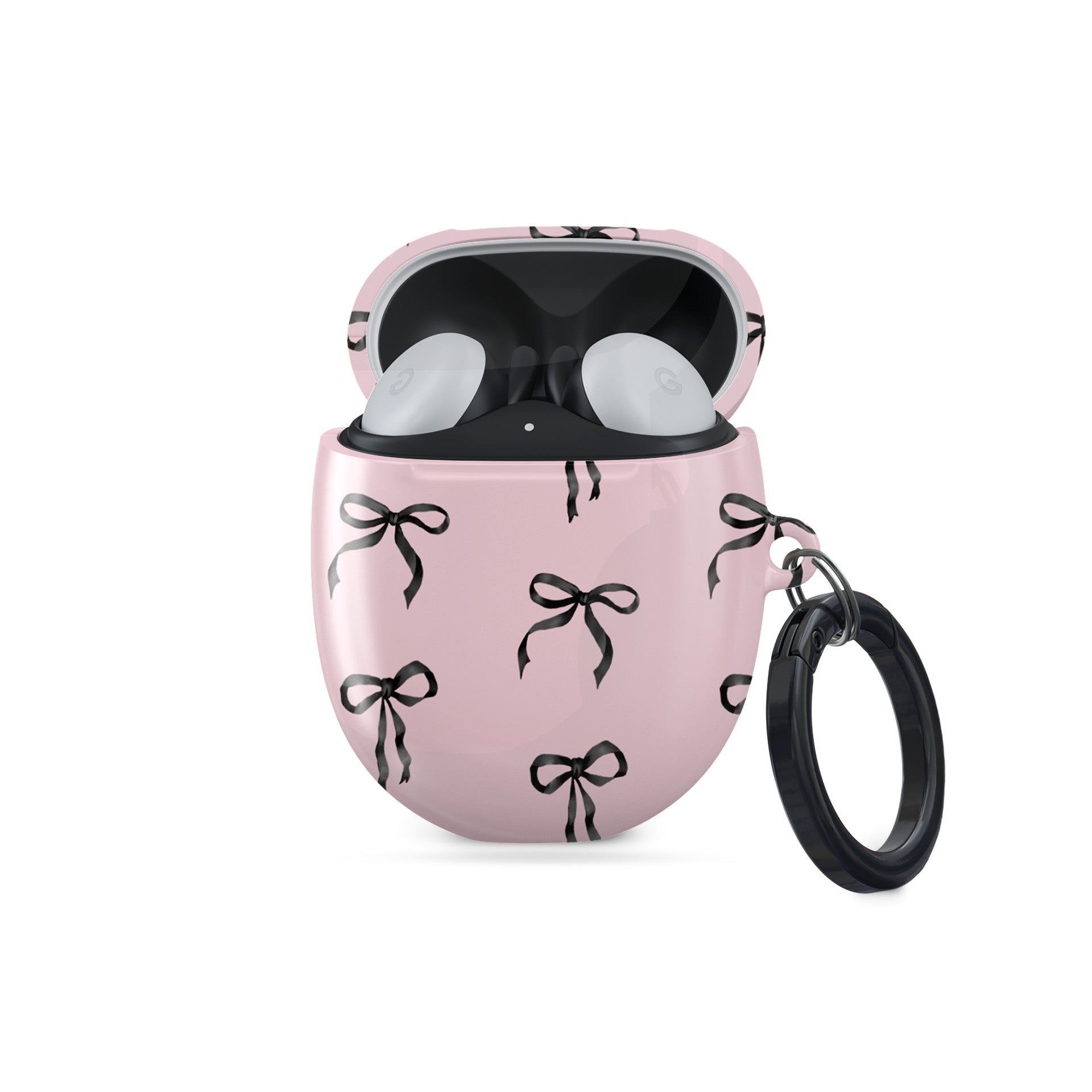 Burga Google Pixel Buds case in Ribbon Reverie design with black satin bows on a blush-pink background, slim and stylish coquette-inspired cover.