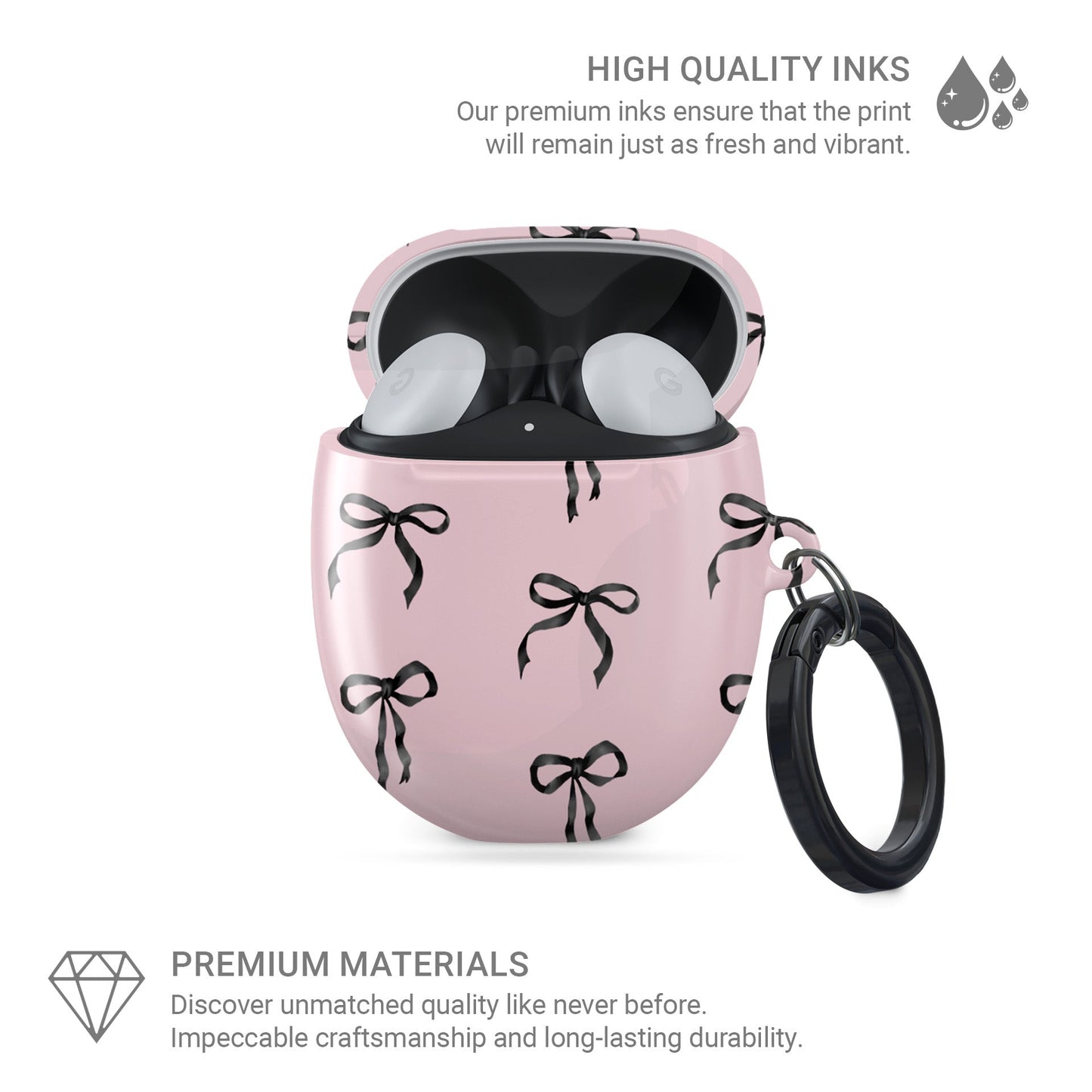 Burga  Google Pixel Buds case in Ribbon Reverie design with black satin bows on a blush-pink background, slim and stylish coquette-inspired cover.