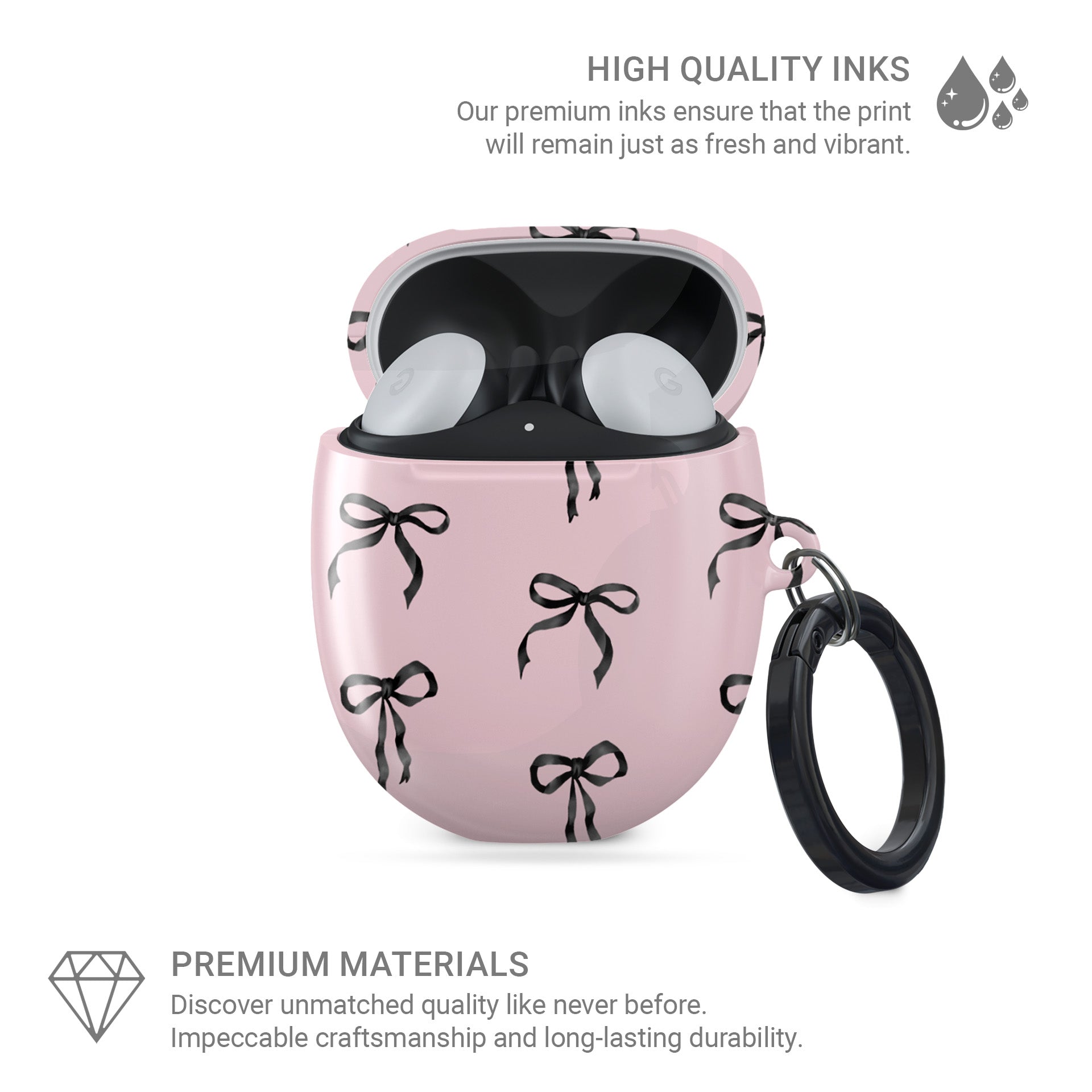 Burga  Google Pixel Buds case in Ribbon Reverie design with black satin bows on a blush-pink background, slim and stylish coquette-inspired cover.