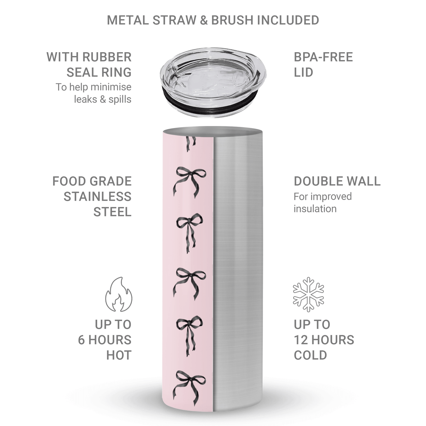 Ribbon Reverie Stainless Steel Tumbler with black satin bow design on blush pink background, double-wall insulated, reusable eco-friendly drinkware