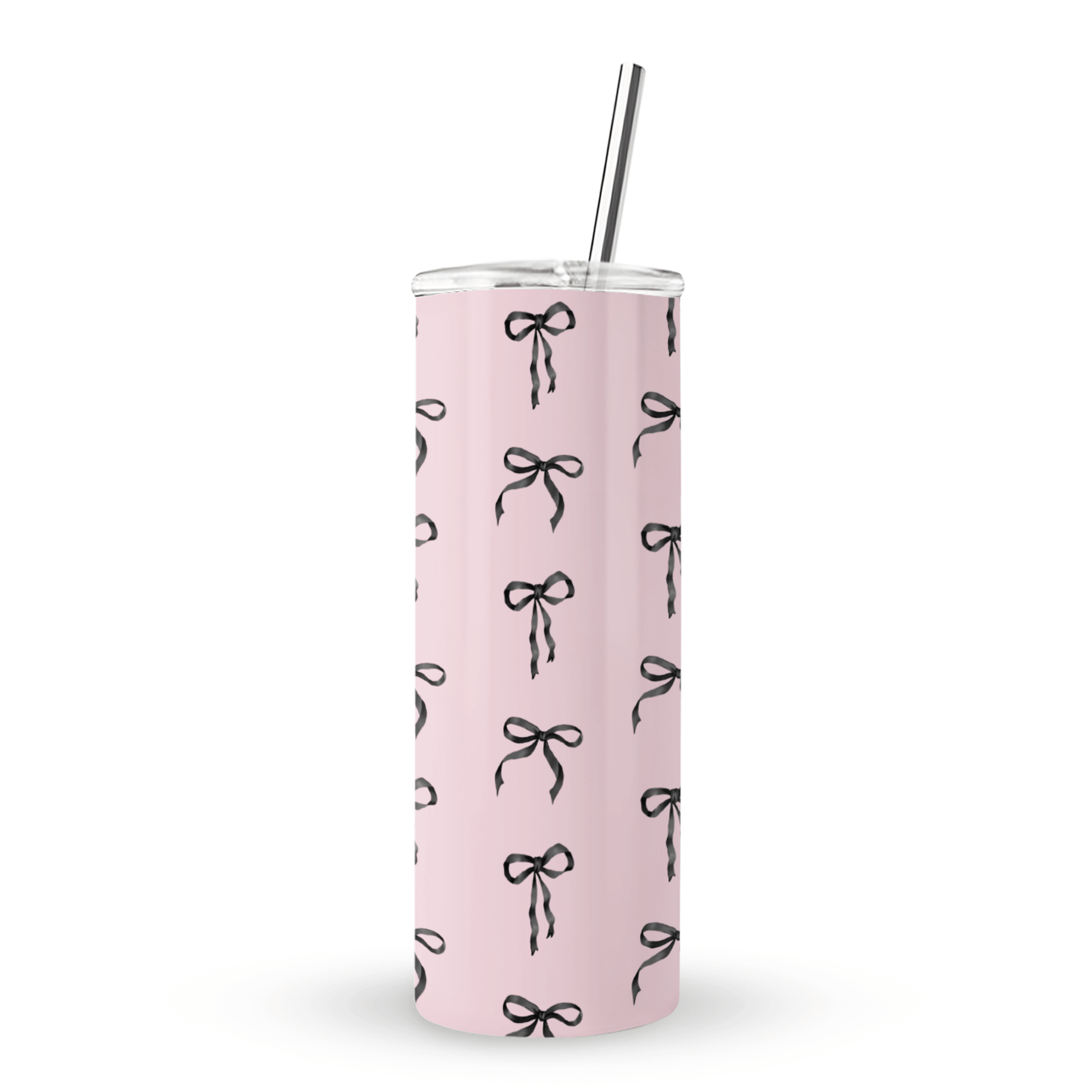 Ribbon Reverie Stainless Steel Tumbler with black satin bow design on blush pink background, double-wall insulated, reusable eco-friendly drinkware