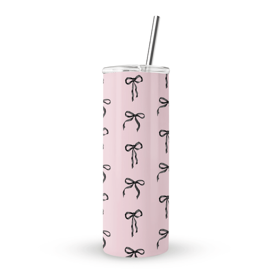 Ribbon Reverie Stainless Steel Tumbler with black satin bow design on blush pink background, double-wall insulated, reusable eco-friendly drinkware