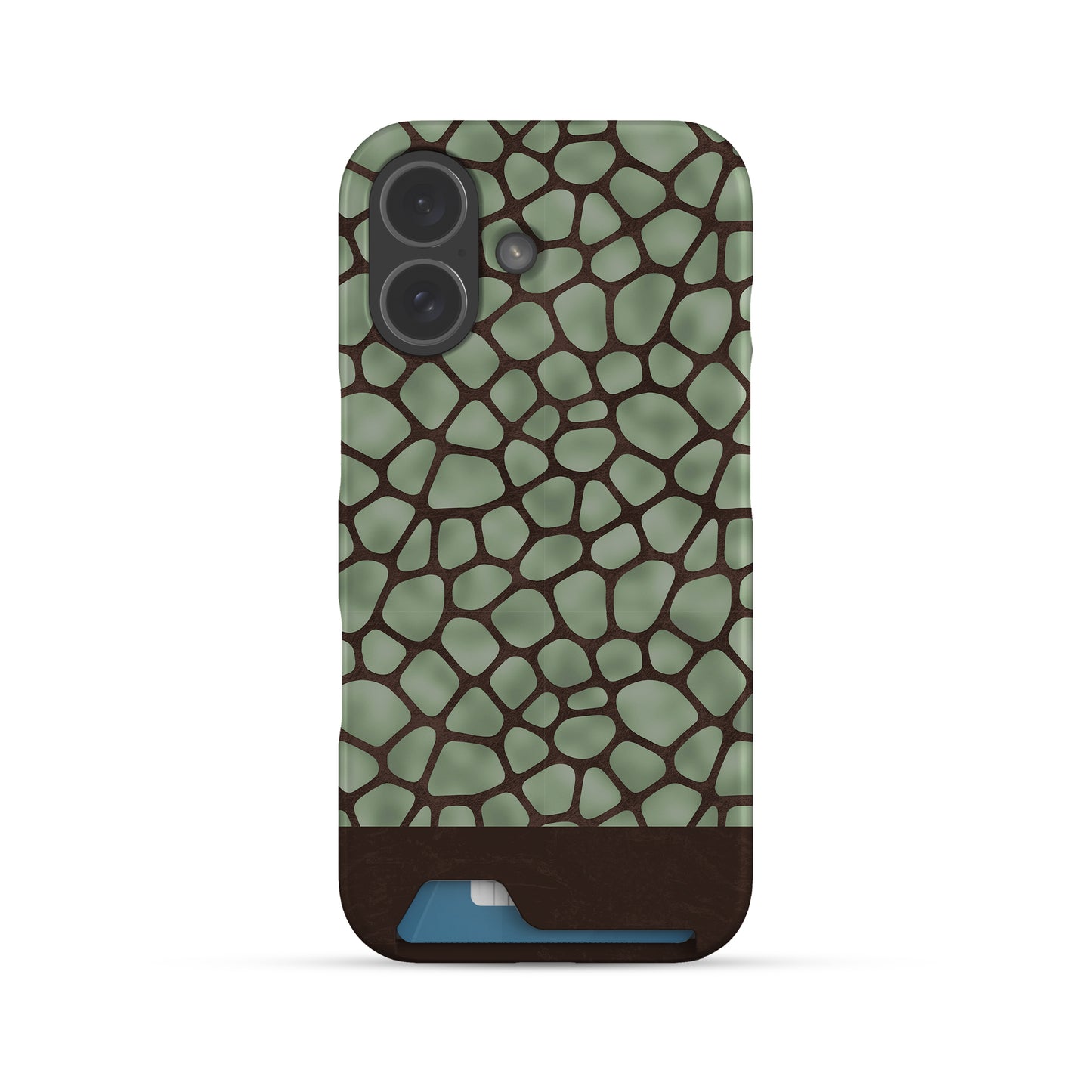 Mossy Mosaic Card-Holder Case with sage green giraffe spots outlined in chocolate brown from the Wild Atelier collection.
