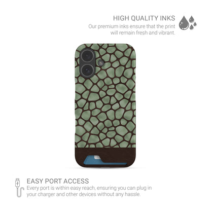 Mossy Mosaic Card-Holder Case with sage green giraffe spots outlined in chocolate brown from the Wild Atelier collection.
