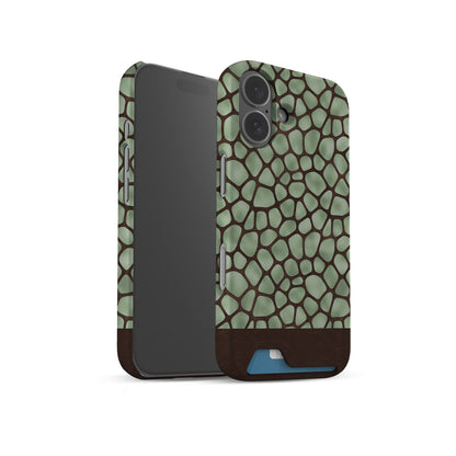 Mossy Mosaic Card-Holder Case with sage green giraffe spots outlined in chocolate brown from the Wild Atelier collection.
