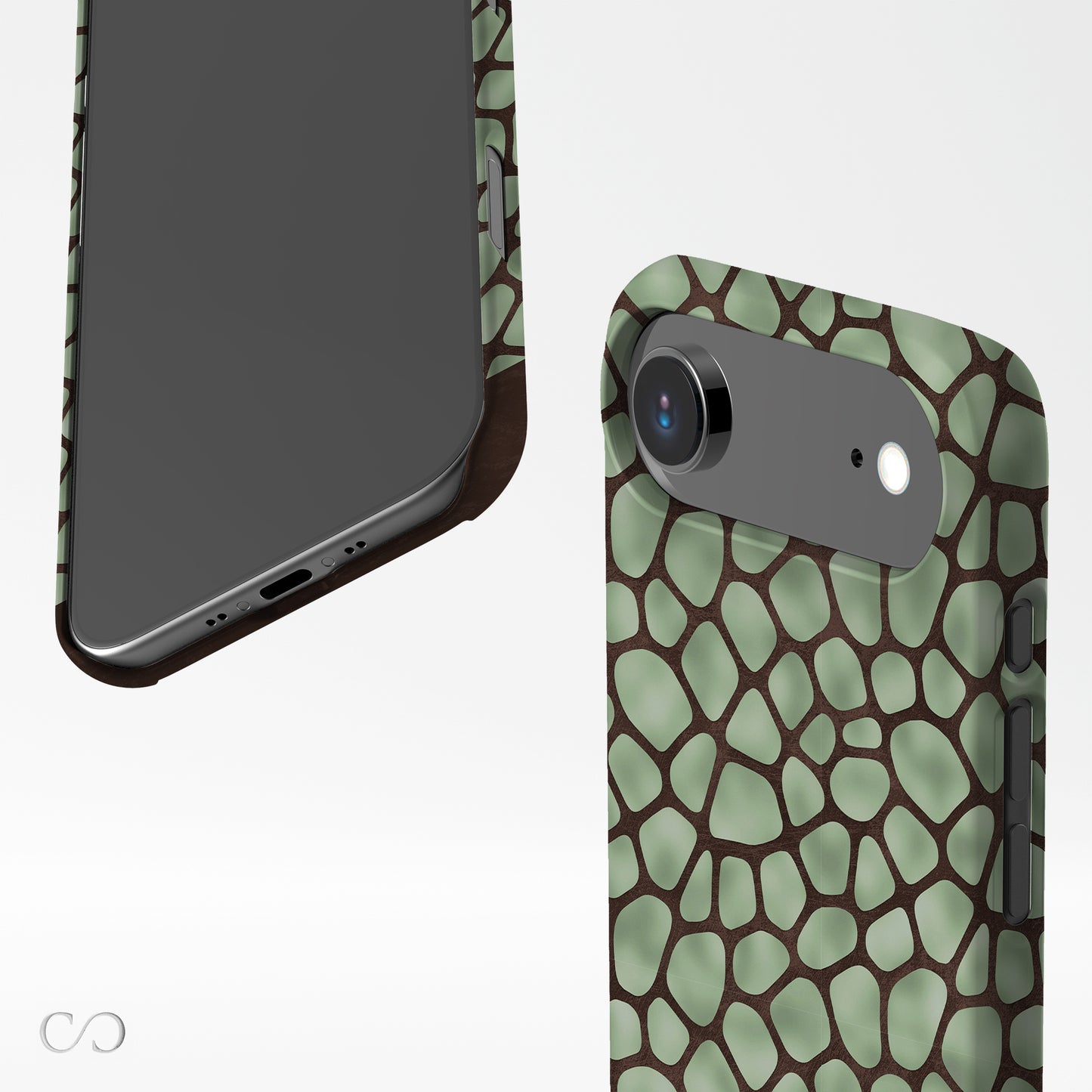 Mossy Mosaic Card-Holder Case with sage green giraffe spots outlined in chocolate brown from the Wild Atelier collection.
