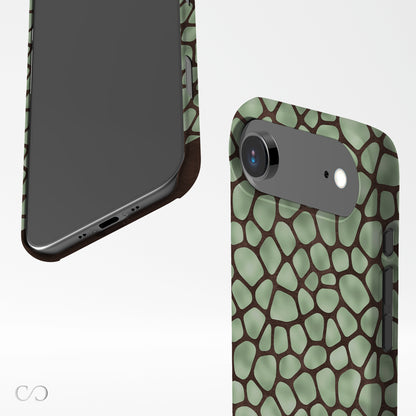Mossy Mosaic Card-Holder Case with sage green giraffe spots outlined in chocolate brown from the Wild Atelier collection.
