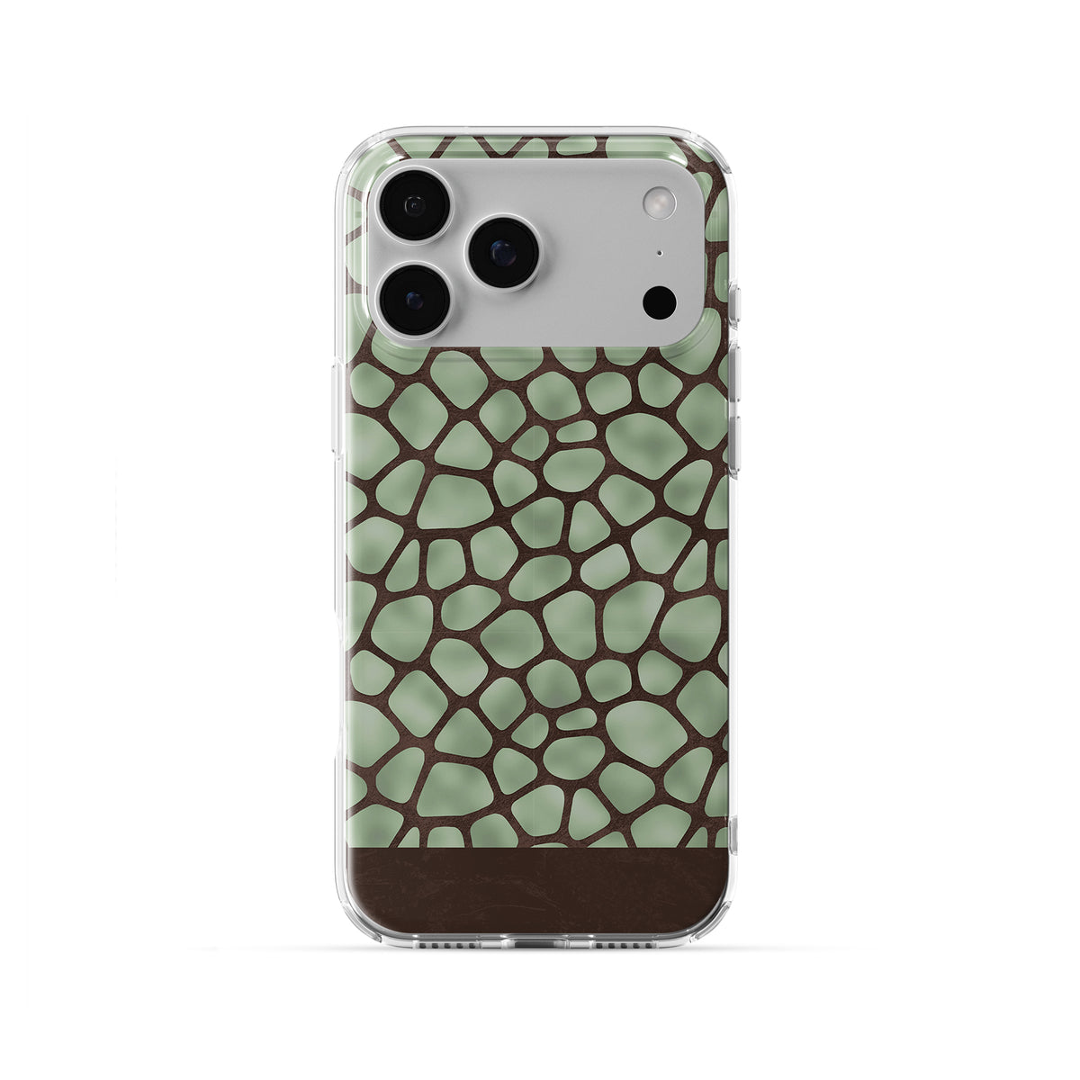 Mossy Mosaic TPU Clear Case with sage green giraffe spots outlined in chocolate brown from the Wild Atelier collection.
