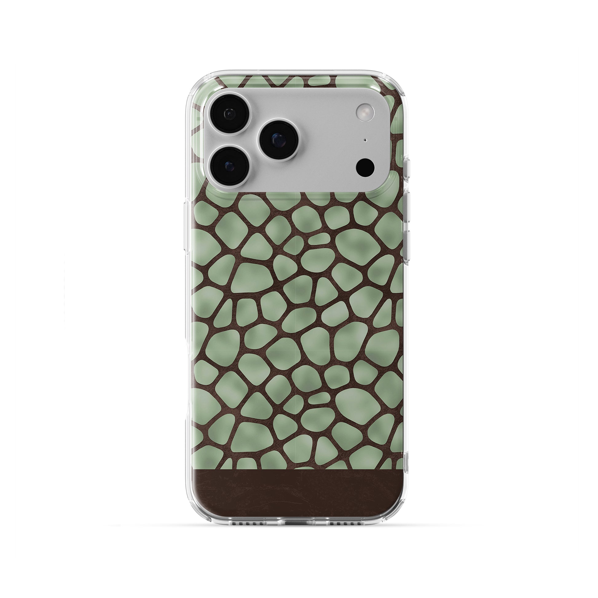 Mossy Mosaic TPU Clear Case with sage green giraffe spots outlined in chocolate brown from the Wild Atelier collection.
