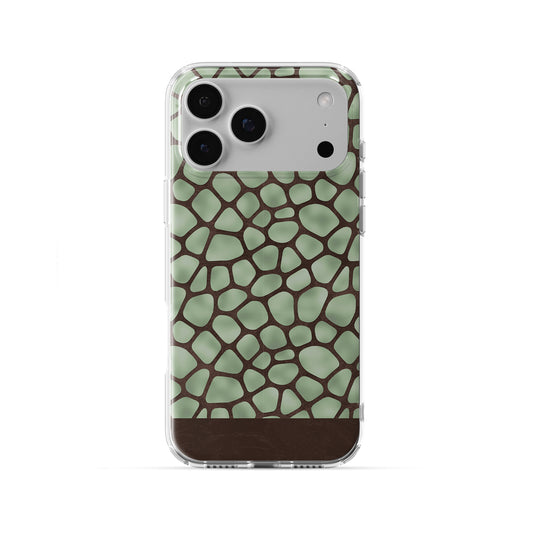 Mossy Mosaic TPU Clear Case with sage green giraffe spots outlined in chocolate brown from the Wild Atelier collection.
