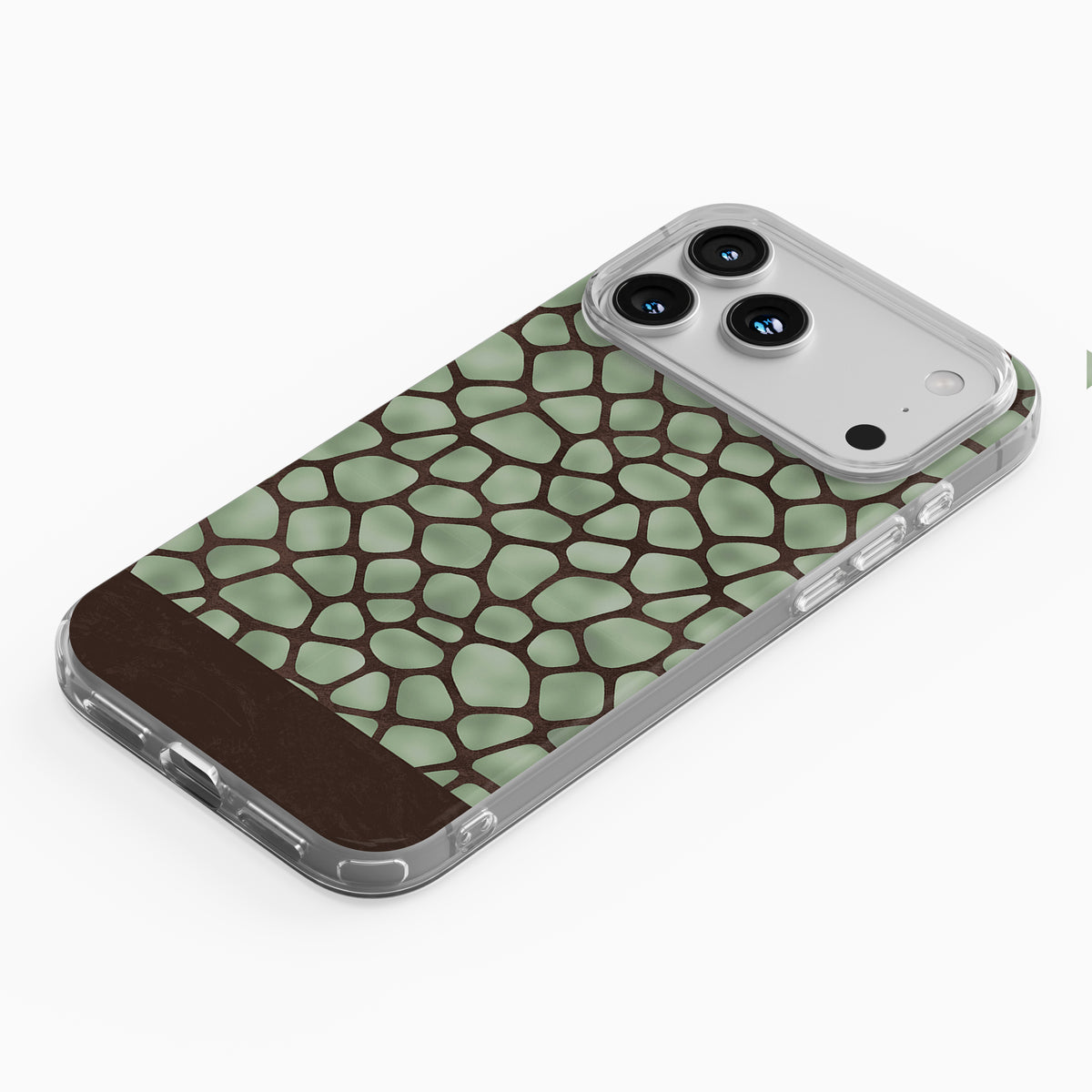 Mossy Mosaic TPU Clear Case with sage green giraffe spots outlined in chocolate brown from the Wild Atelier collection.
