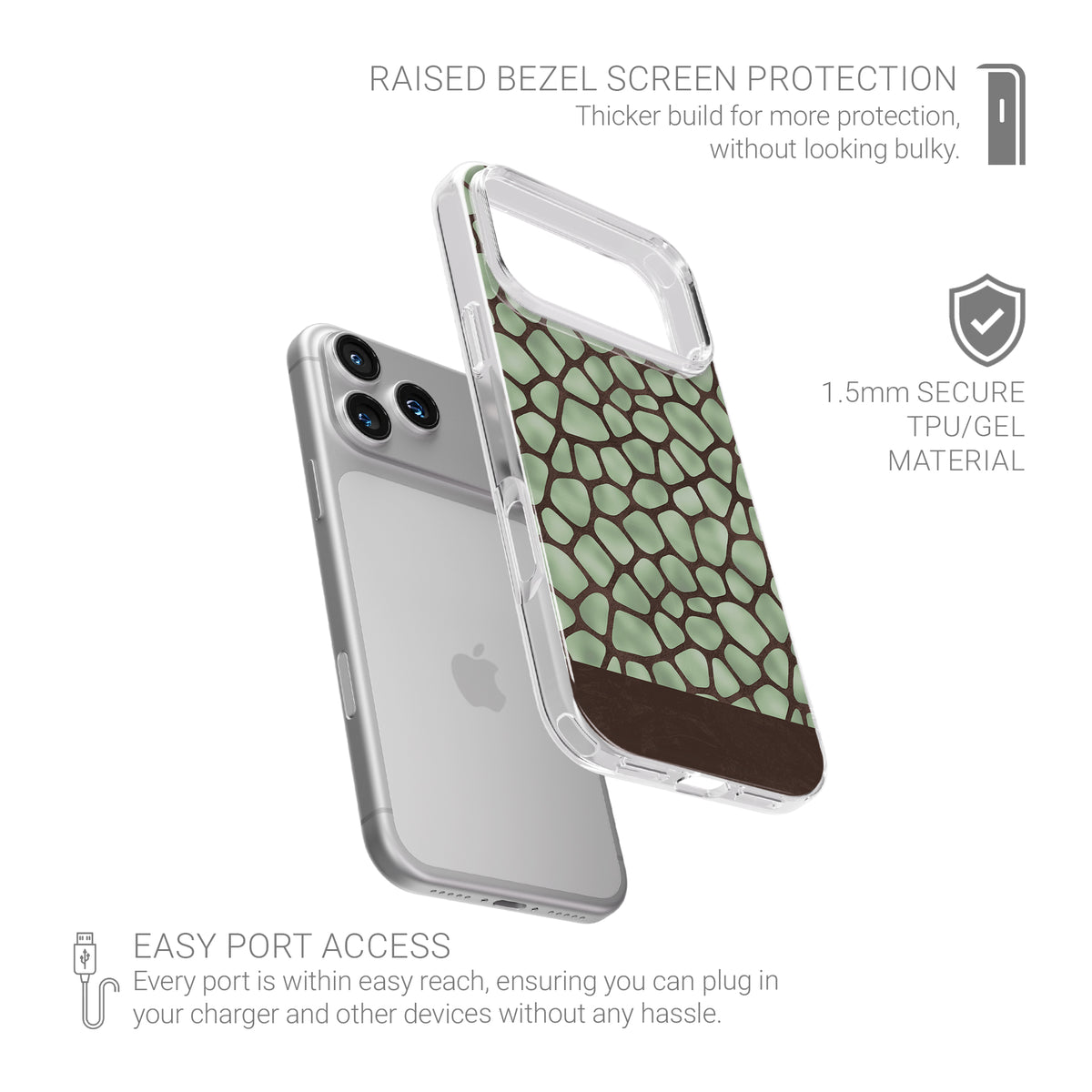 Mossy Mosaic TPU Clear Case with sage green giraffe spots outlined in chocolate brown from the Wild Atelier collection.
