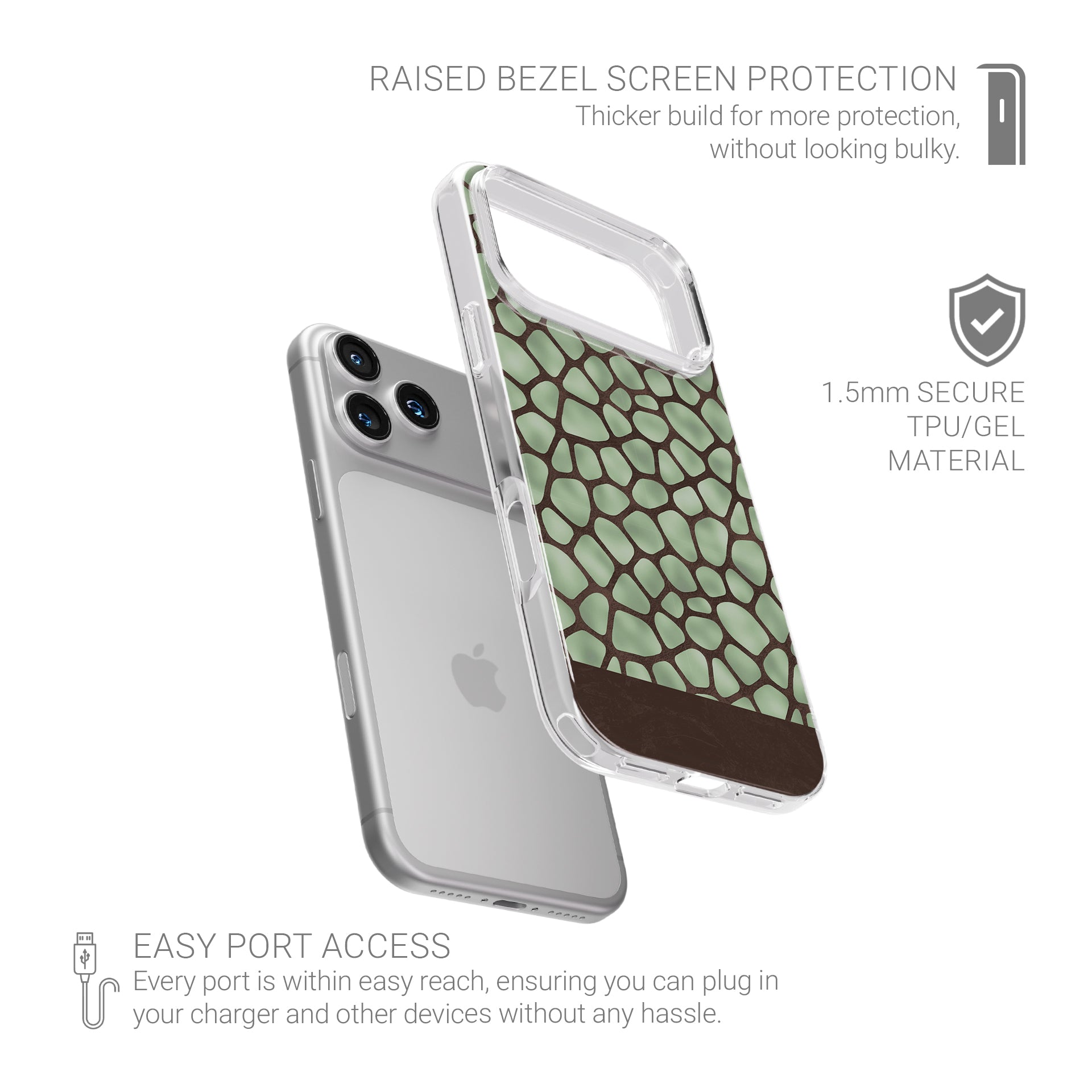 Mossy Mosaic TPU Clear Case with sage green giraffe spots outlined in chocolate brown from the Wild Atelier collection.

