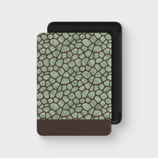 Mossy Mosaic Kindle Case with sage green giraffe spots outlined in chocolate brown from the Wild Atelier collection.