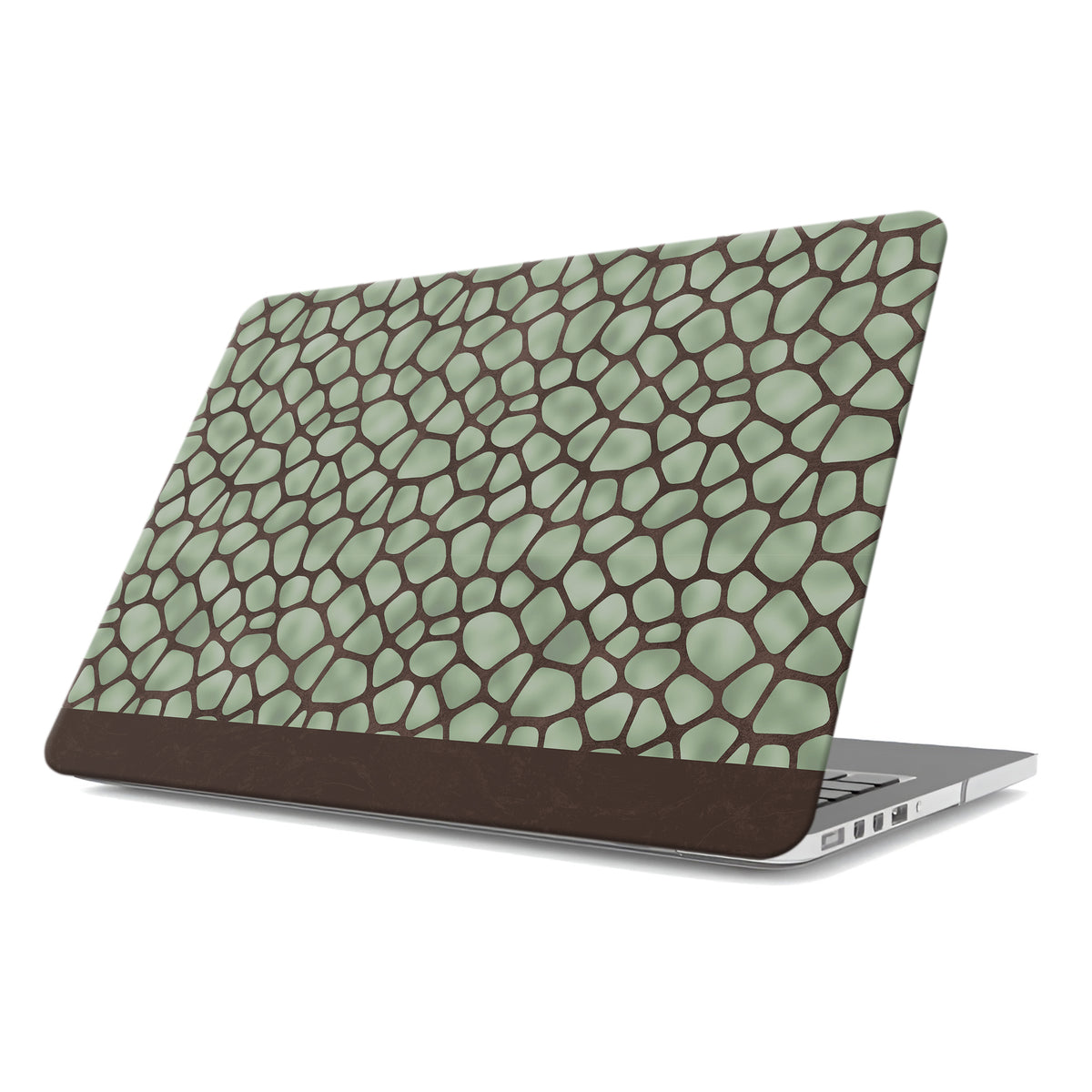 Mossy Mosaic MacBook Case with sage green giraffe spots outlined in chocolate brown from the Wild Atelier collection.