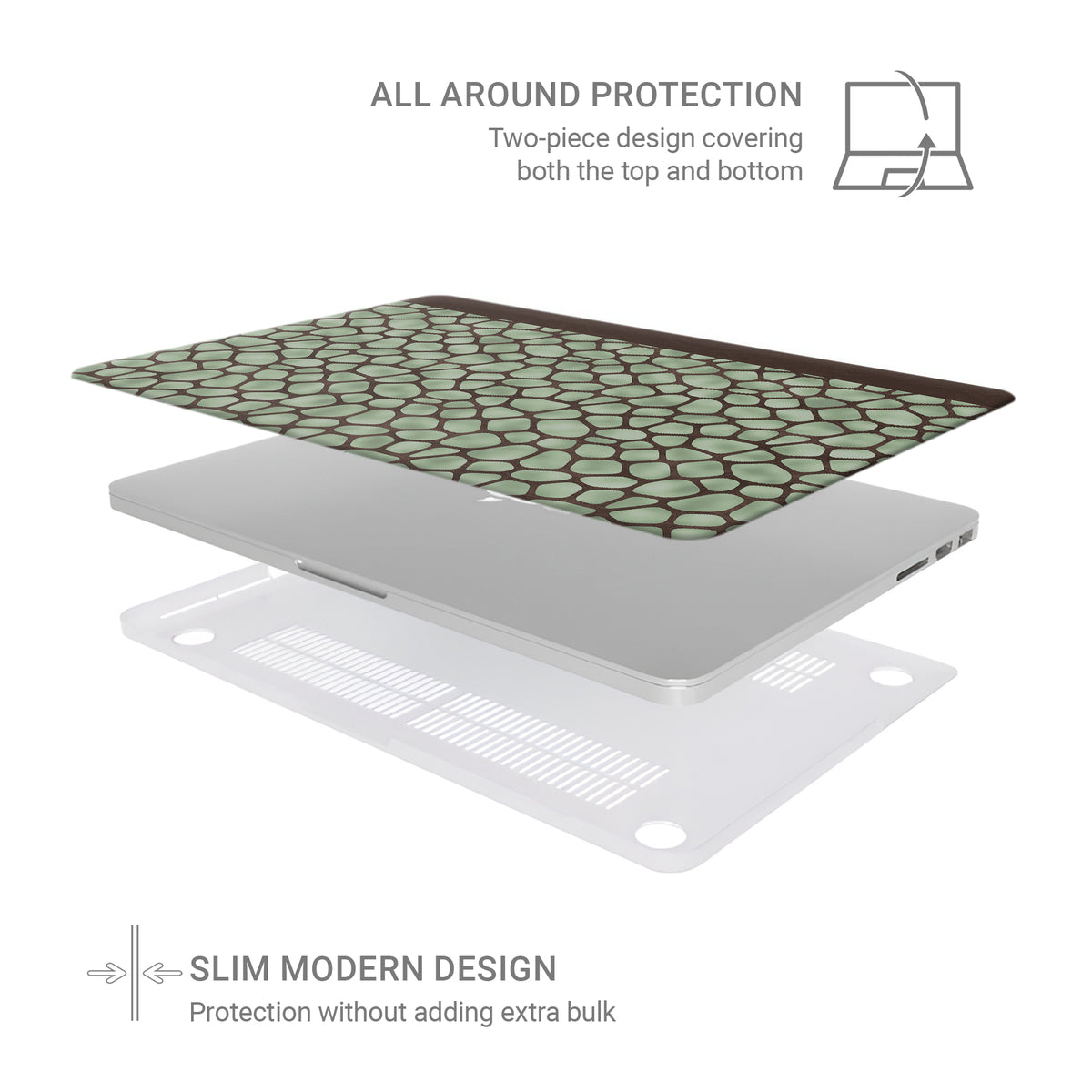 Mossy Mosaic MacBook Case with sage green giraffe spots outlined in chocolate brown from the Wild Atelier collection.