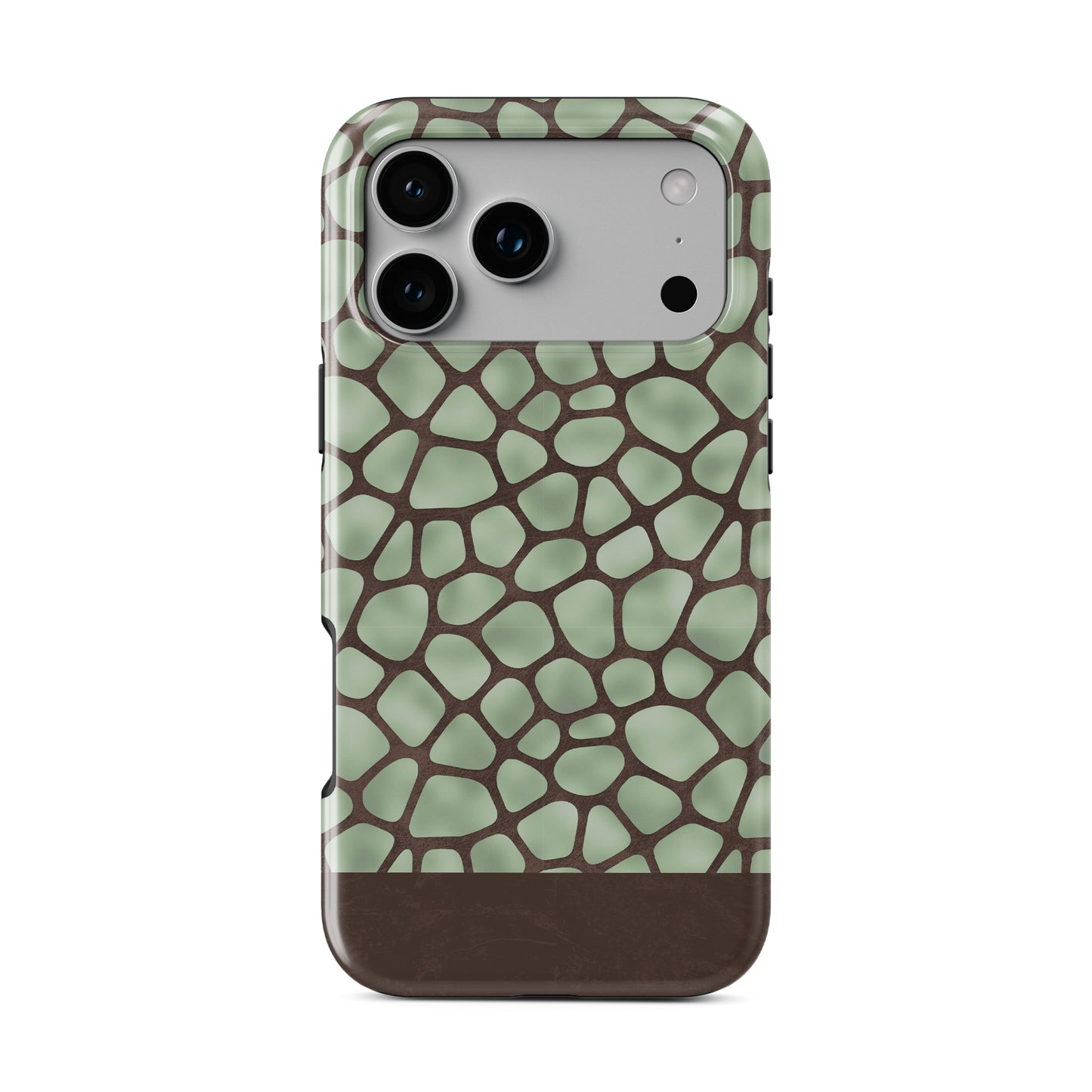Mossy Mosaic MagSafe Tough Phone Case with sage green giraffe spots outlined in chocolate brown from the Wild Atelier collection.

