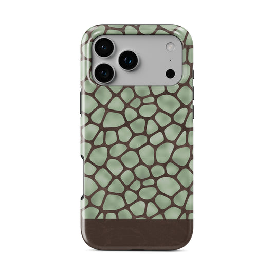 Mossy Mosaic MagSafe Tough Phone Case with sage green giraffe spots outlined in chocolate brown from the Wild Atelier collection.
