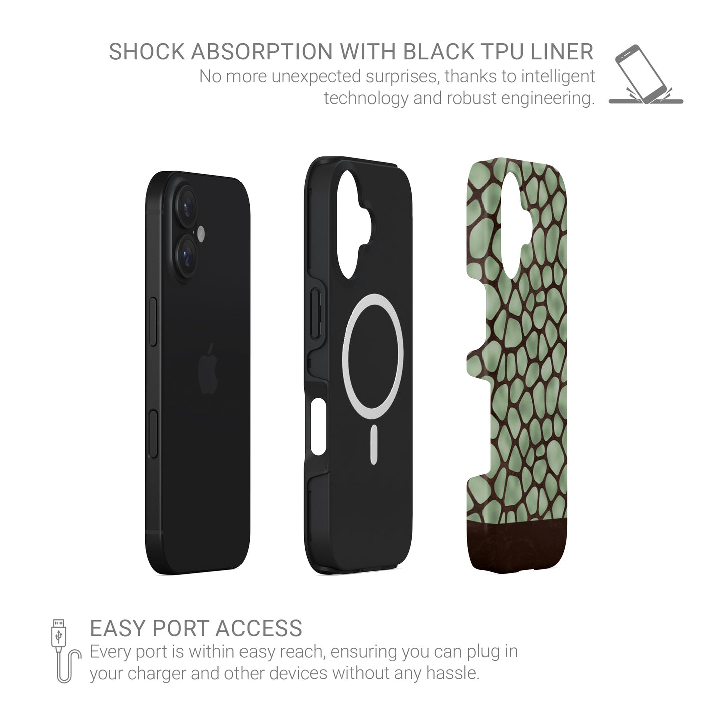 Mossy Mosaic MagSafe Tough Phone Case with sage green giraffe spots outlined in chocolate brown from the Wild Atelier collection.
