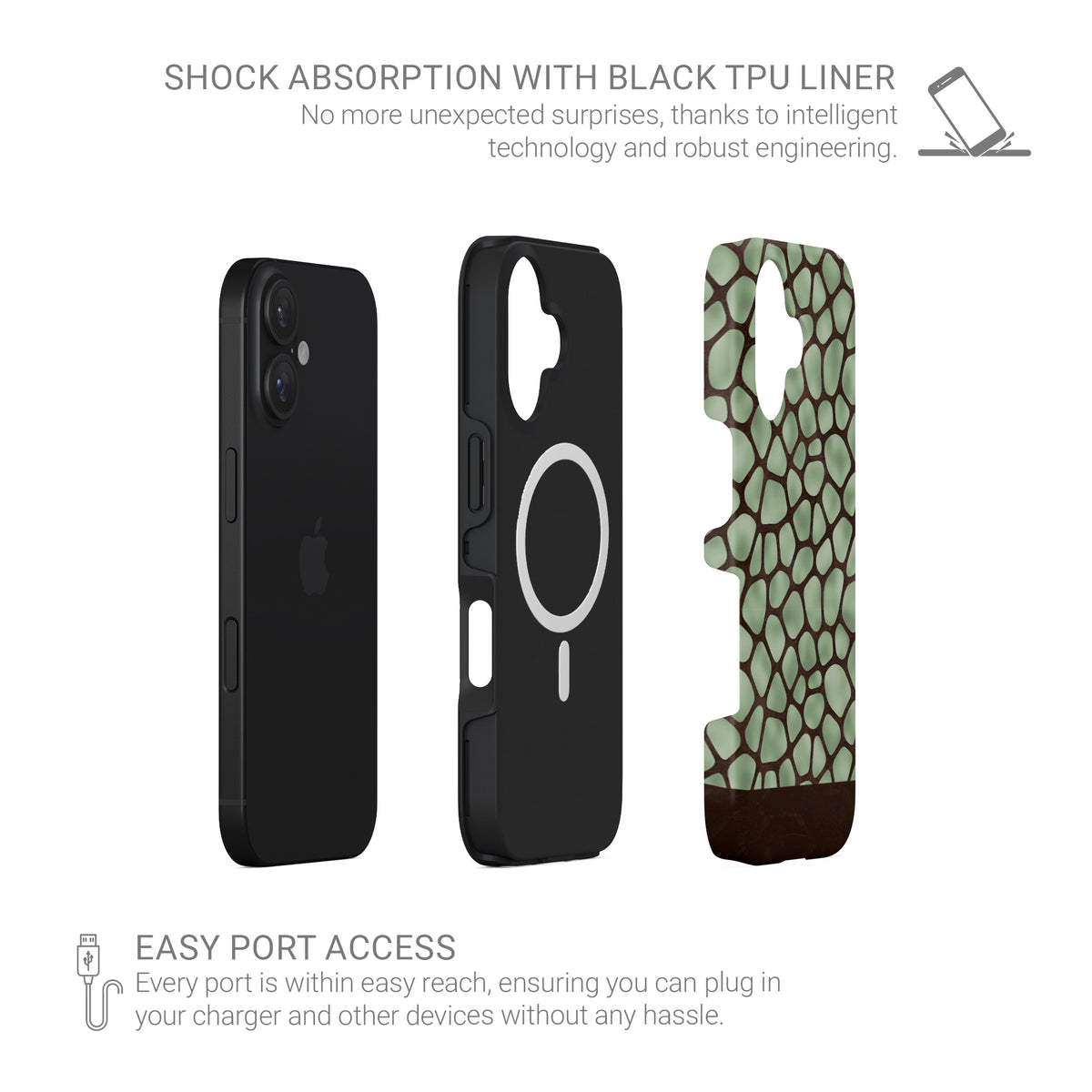 Mossy Mosaic MagSafe Tough Phone Case with sage green giraffe spots outlined in chocolate brown from the Wild Atelier collection.
