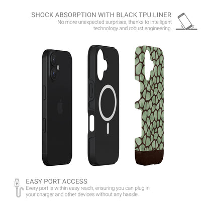 Mossy Mosaic MagSafe Tough Phone Case with sage green giraffe spots outlined in chocolate brown from the Wild Atelier collection.
