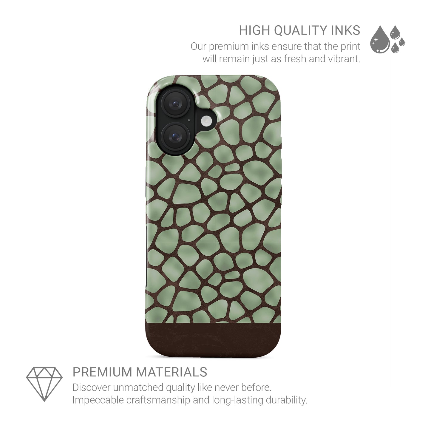 Mossy Mosaic MagSafe Tough Phone Case with sage green giraffe spots outlined in chocolate brown from the Wild Atelier collection.
