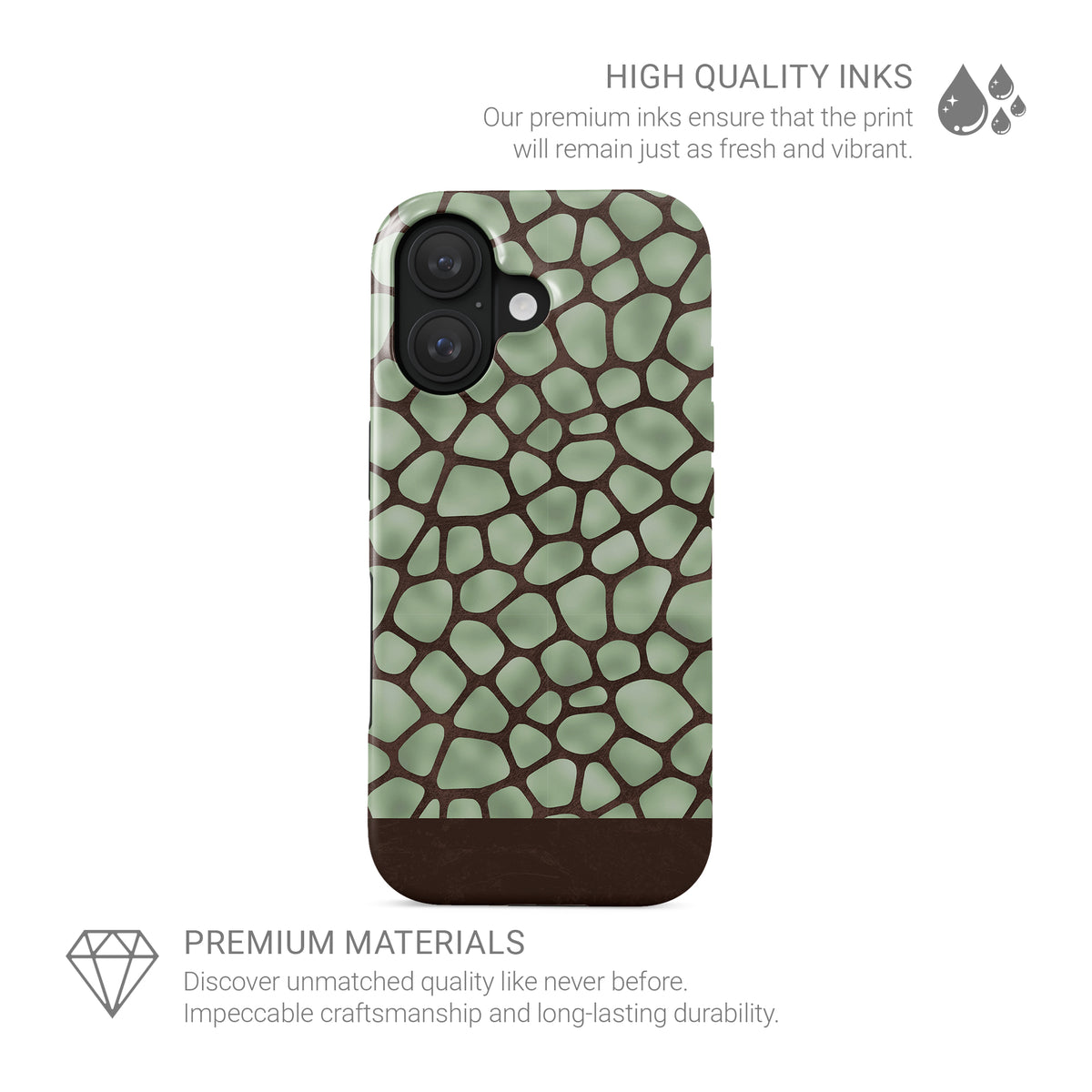 Mossy Mosaic MagSafe Tough Phone Case with sage green giraffe spots outlined in chocolate brown from the Wild Atelier collection.
