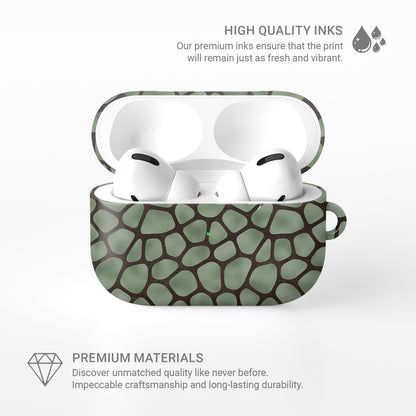 Mossy Mosaic AirPods Case with sage green giraffe spots outlined in chocolate brown from the Wild Atelier collection.