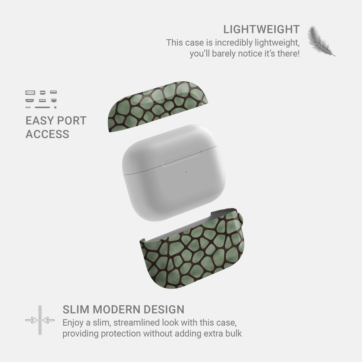 Mossy Mosaic AirPods Case with sage green giraffe spots outlined in chocolate brown from the Wild Atelier collection.