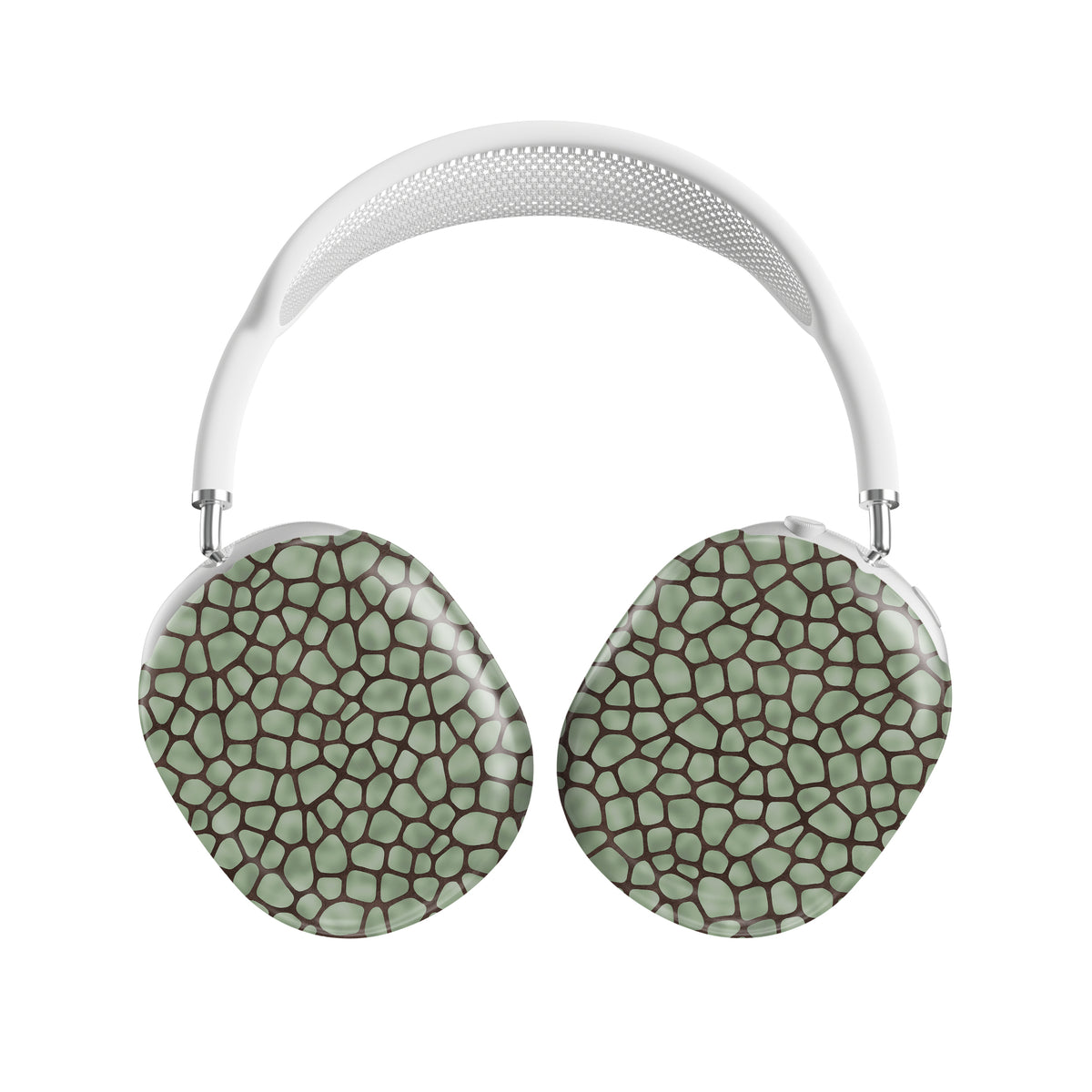 Mossy Mosaic AirPods Max Covers with sage green giraffe spots outlined in chocolate brown from the Wild Atelier collection.