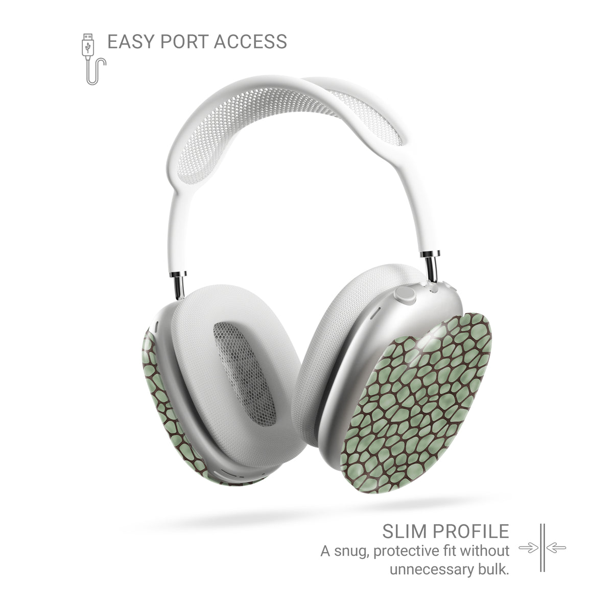 Mossy Mosaic AirPods Max Covers with sage green giraffe spots outlined in chocolate brown from the Wild Atelier collection.