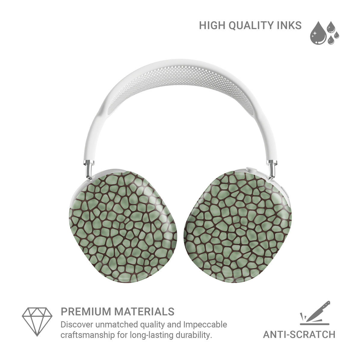 Mossy Mosaic AirPods Max Covers with sage green giraffe spots outlined in chocolate brown from the Wild Atelier collection.
